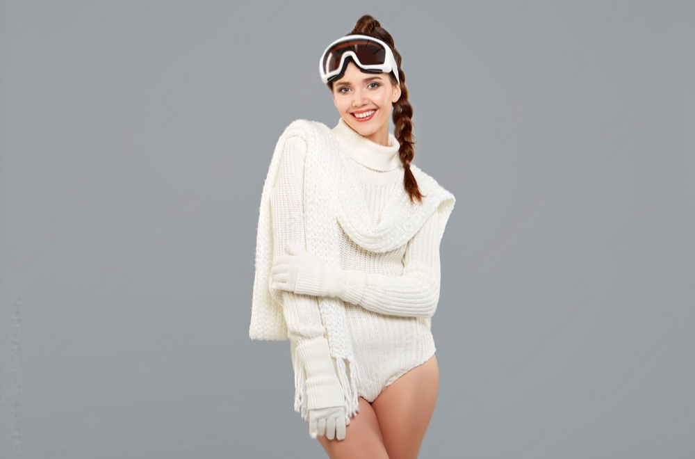 woman in sports thermal body for skiing training ski googles stu