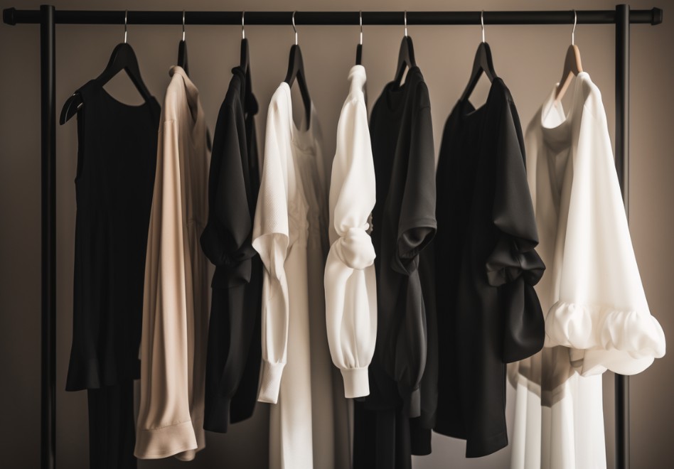 A wardrobe with black and white clothes hanging